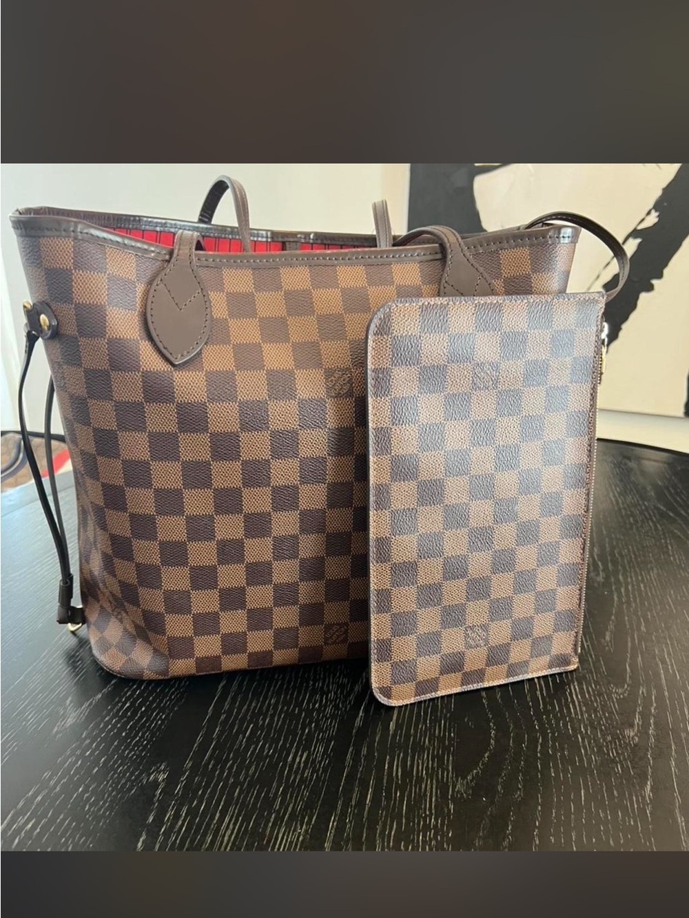Authentic Louis Vuitton Neverfull Damier Ebene Tote with matching pouch MM size